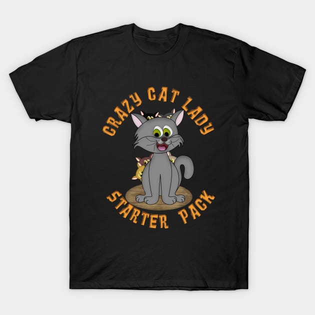 Cute CRAZY CAT LADY STARTER PACK Cartoon T-Shirt by Roly Poly Roundabout